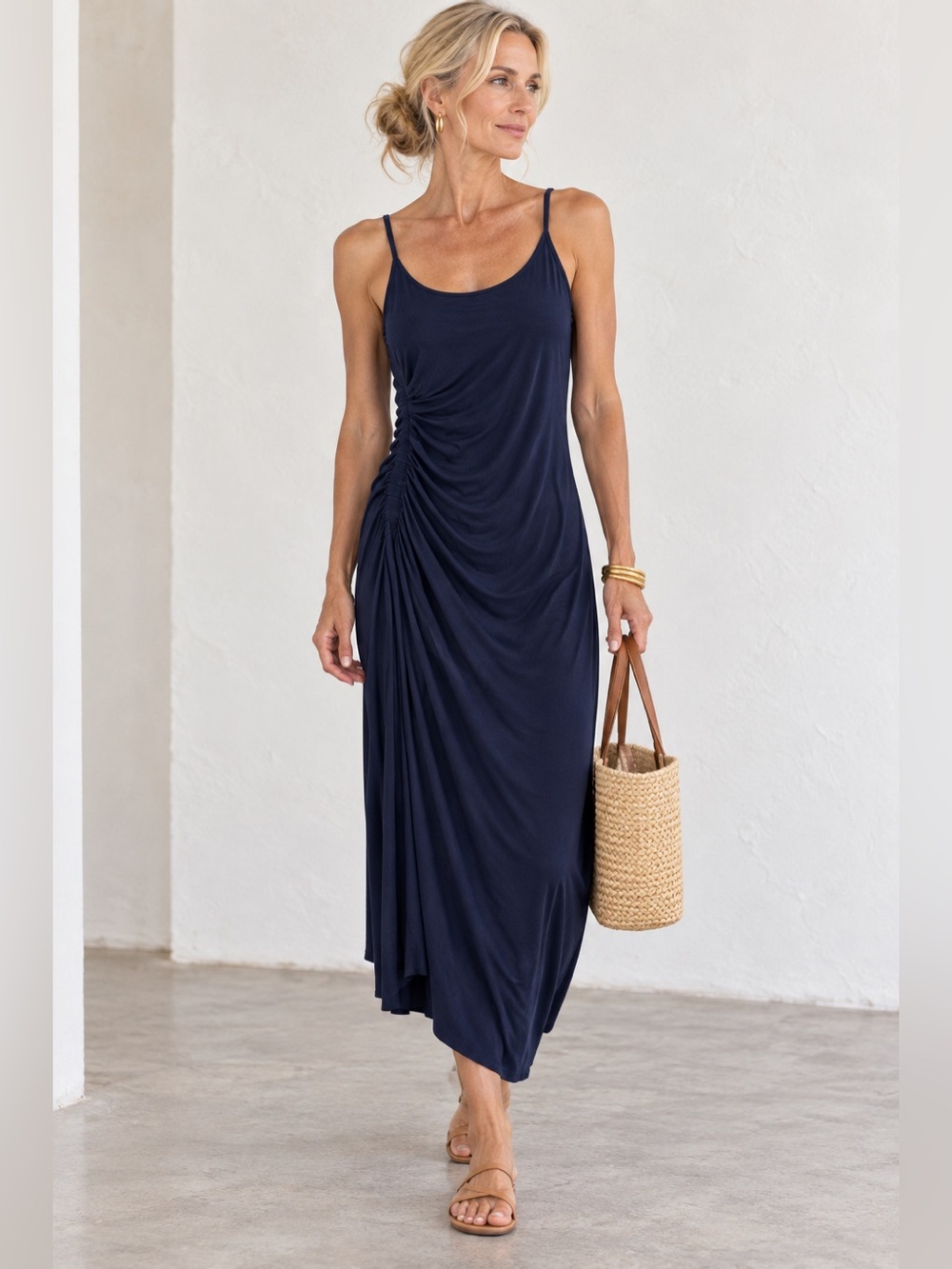 A.L.C. Navy Ruched Asymmetrical Maxi Dress Viscose Made in USA Small